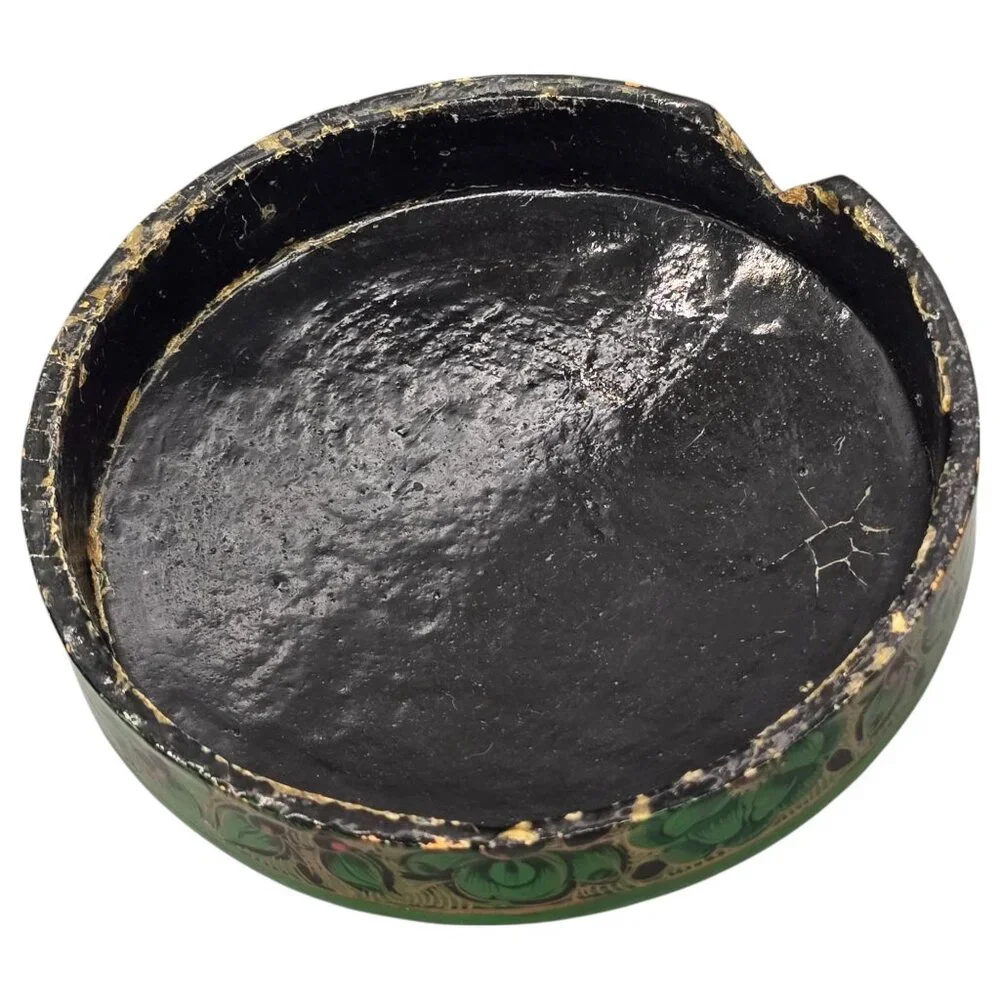Paper Mache Green Floral Coaster Set Of 6 Storage Box Lacquered‎ Hand Painted